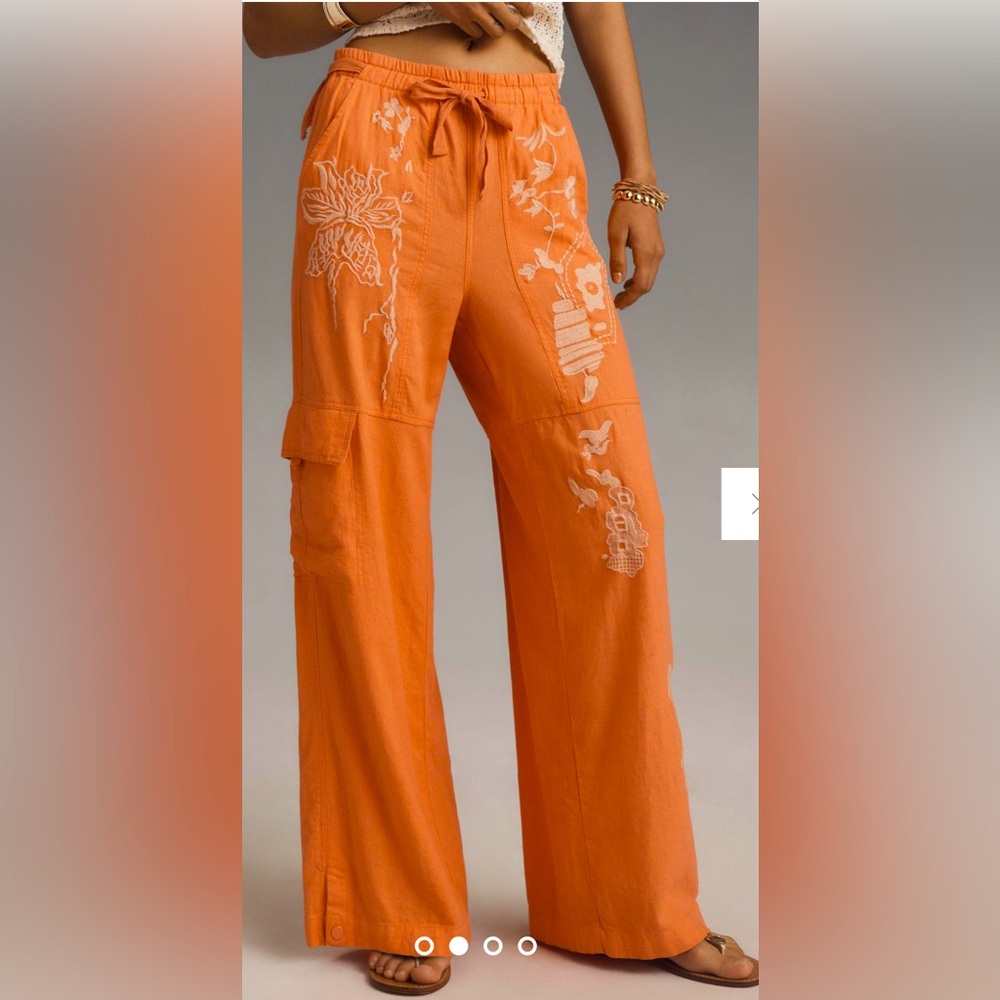 Anthropologie Pilcro Embroidered Beach Linen Cargo Pants Size Medium NWT